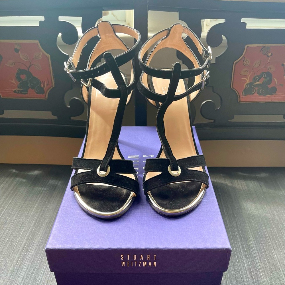 Stuart Weitzman Accent T-Strap Suede Heels